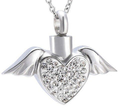 Angel Wings and Rhinestones Heart Cremation Urn Necklace