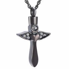 Angel Wings Cross & Heart with Rhinestones Cremation Urn Necklace