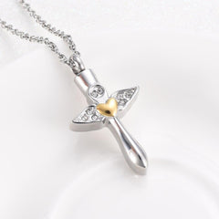 Angel Wings Cross & Heart with Rhinestones Cremation Urn Necklace
