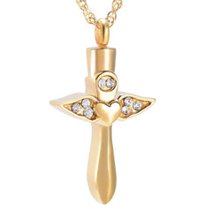 Angel Wings Cross & Heart with Rhinestones Cremation Urn Necklace