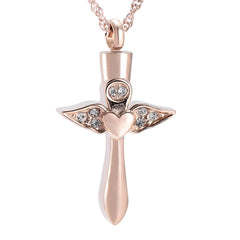 Angel Wings Cross & Heart with Rhinestones Cremation Urn Necklace