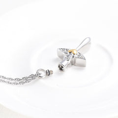 Angel Wings Cross & Heart with Rhinestones Cremation Urn Necklace