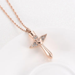 Angel Wings Cross & Heart with Rhinestones Cremation Urn Necklace