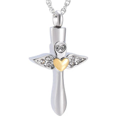 Angel Wings Cross & Heart with Rhinestones Cremation Urn Necklace