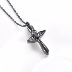 Angel Wings Cross & Heart with Rhinestones Cremation Urn Necklace