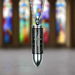 Black Bullet Cremation Urn Necklace Engraved With A Cross & The Lord's Prayer