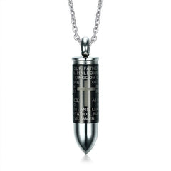 Black Bullet Cremation Urn Necklace Engraved With A Cross & The Lord's Prayer