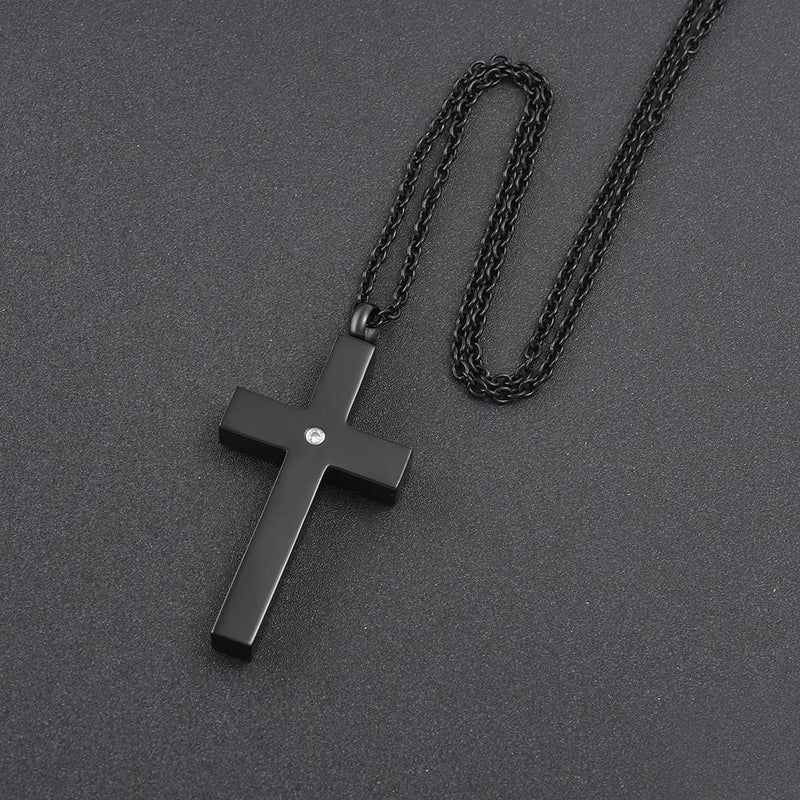 Black Classic Design Cross Cremation Urn Necklace With Rhinestone