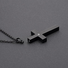 Black Classic Design Cross Cremation Urn Necklace With Rhinestone
