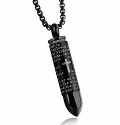Bullet Engraved With A Cross & The Lord's Prayer English/Spanish Cremation Urn Necklace