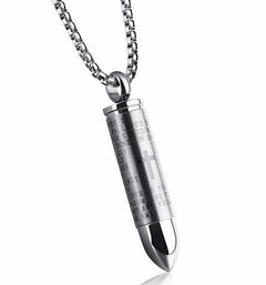 Bullet Engraved With A Cross & The Lord's Prayer English/Spanish Cremation Urn Necklace