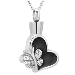 Butterfly & Heart Cremation Urn Necklace With Rhinestones
