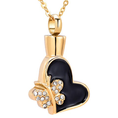 Butterfly & Heart Cremation Urn Necklace With Rhinestones
