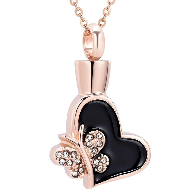 Butterfly & Heart Cremation Urn Necklace With Rhinestones