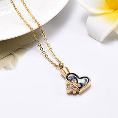 Butterfly & Heart Cremation Urn Necklace With Rhinestones