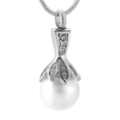 Crystal Flower & Pearl Cremation Urn Necklace With Rhinestones
