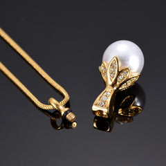 Crystal Flower & Pearl Cremation Urn Necklace With Rhinestones