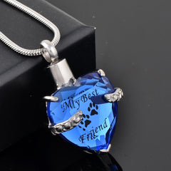 Crystal Heart Pendant Pet Cremation Urn Necklace Etched "My Best Friend"