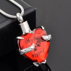 Crystal Heart Pendant Pet Cremation Urn Necklace Etched "My Best Friend"