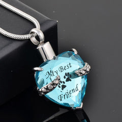 Crystal Heart Pendant Pet Cremation Urn Necklace Etched "My Best Friend"