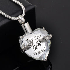Crystal Heart Pendant Pet Cremation Urn Necklace Etched "My Best Friend"