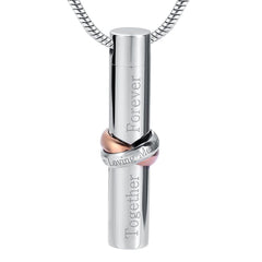 Cylinder Cremation Urn Necklace With Infinity Band Engraved "Together Forever In Loving Memory"