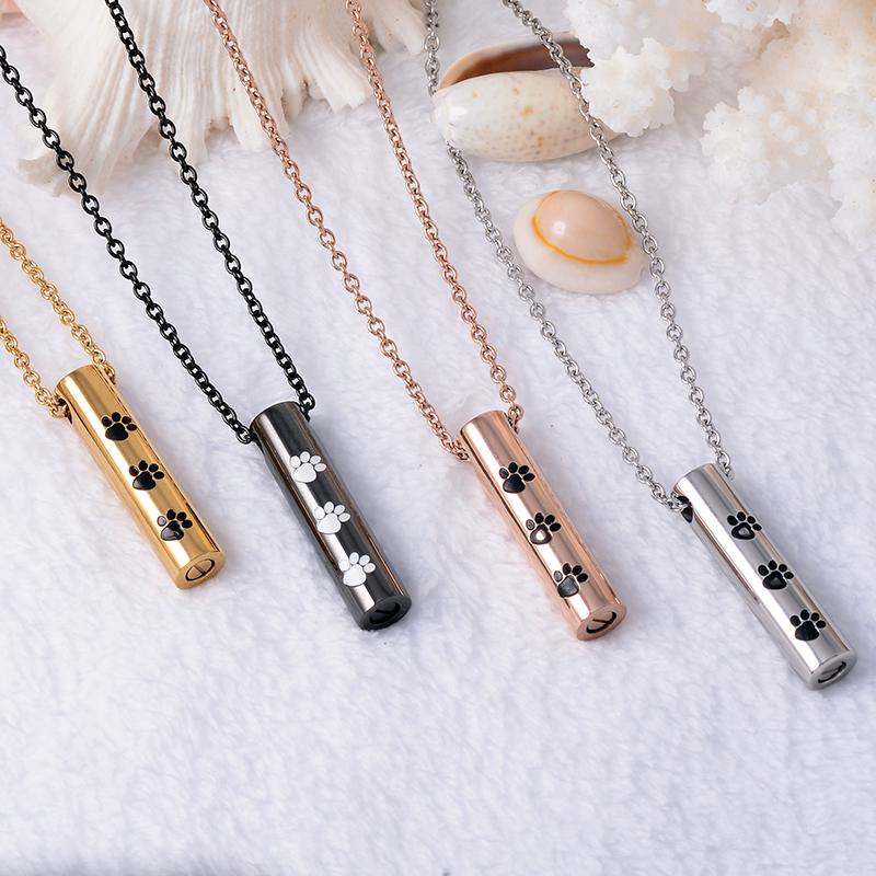 Cylinder Cremation Urn Necklace With Paw Prints