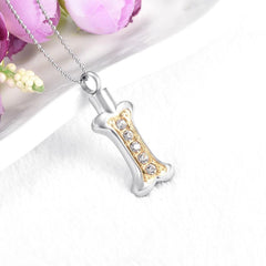 Dog Bone Shaped Cremation Urn Necklace With Rhinestones