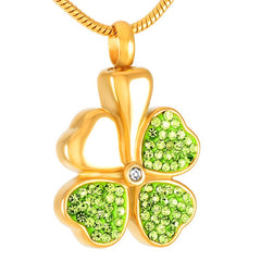 Four Leaf Clover Cremation Urn Necklace With Rhinestones