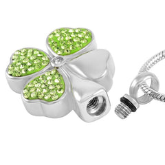 Four Leaf Clover Cremation Urn Necklace With Rhinestones