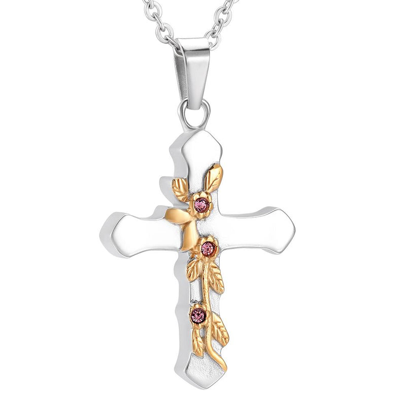 Gold Flower & Silver Cross Cremation Urn Jewelry With Red Rhinestones