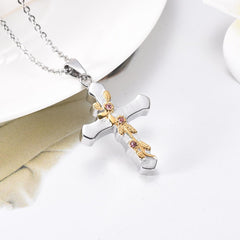 Gold Flower & Silver Cross Cremation Urn Jewelry With Red Rhinestones