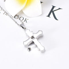 Gold Flower & Silver Cross Cremation Urn Jewelry With Red Rhinestones