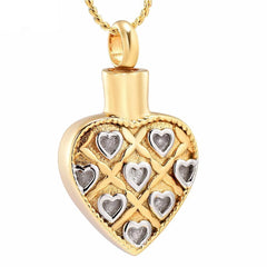 Gold Heart Shaped Cremation Urn Necklace With Silver Hearts