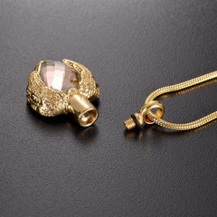 Golden Angel Wings Heart Cremation Urn Necklace With Gemstone