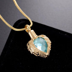 Golden Angel Wings Heart Cremation Urn Necklace With Gemstone