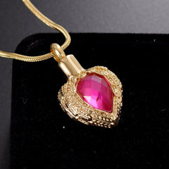 Golden Angel Wings Heart Cremation Urn Necklace With Gemstone