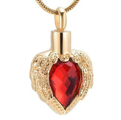 Golden Angel Wings Heart Cremation Urn Necklace With Gemstone