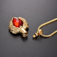 Golden Angel Wings Heart Cremation Urn Necklace With Gemstone