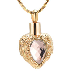 Golden Angel Wings Heart Cremation Urn Necklace With Gemstone