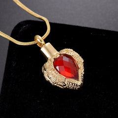 Golden Angel Wings Heart Cremation Urn Necklace With Gemstone