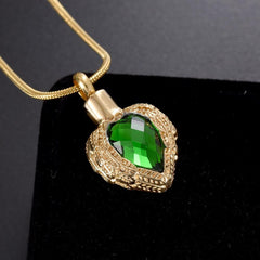 Golden Angel Wings Heart Cremation Urn Necklace With Gemstone