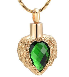 Golden Angel Wings Heart Cremation Urn Necklace With Gemstone