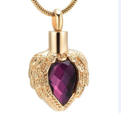 Golden Angel Wings Heart Cremation Urn Necklace With Gemstone