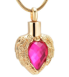 Golden Angel Wings Heart Cremation Urn Necklace With Gemstone