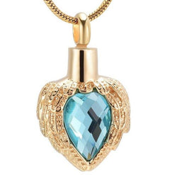 Golden Angel Wings Heart Cremation Urn Necklace With Gemstone