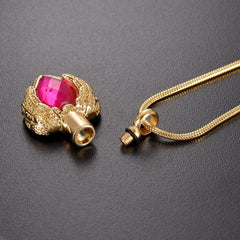 Golden Angel Wings Heart Cremation Urn Necklace With Gemstone
