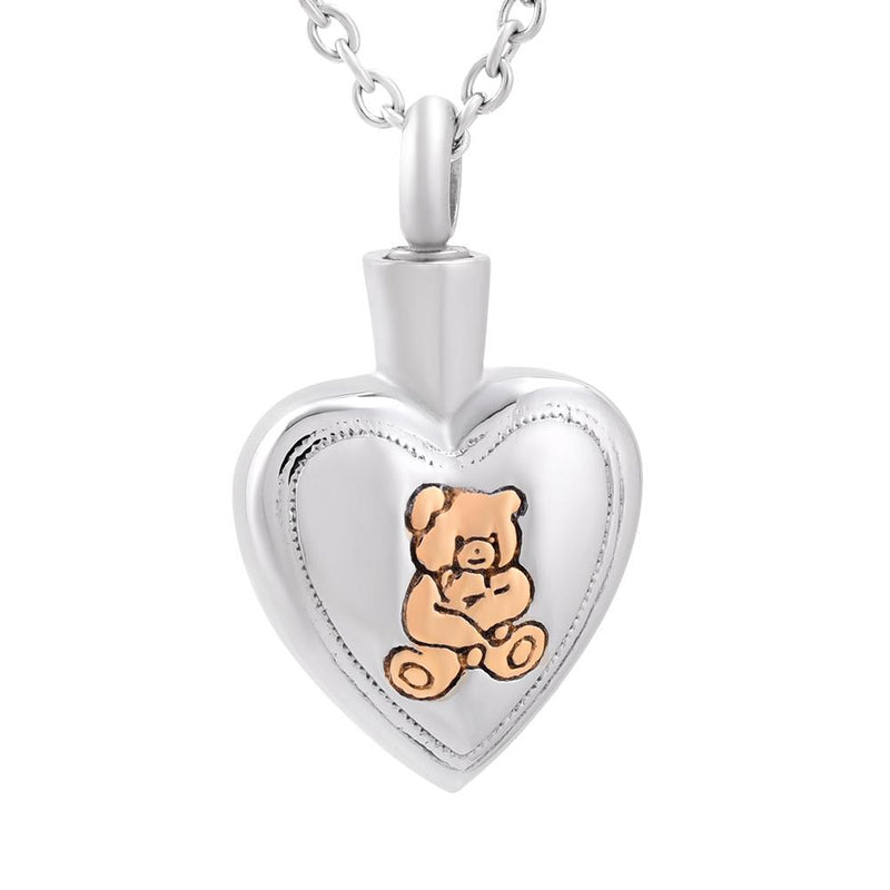 Golden Cute Teddy Bear & Heart Cremation Urn Necklace