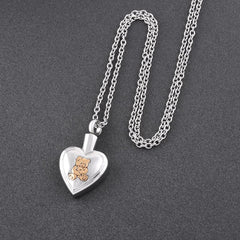 Golden Cute Teddy Bear & Heart Cremation Urn Necklace