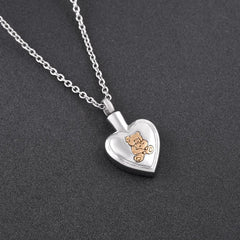Golden Cute Teddy Bear & Heart Cremation Urn Necklace